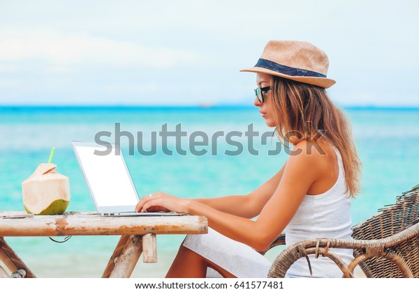 Young Woman Hat Using Laptop Empty Stock Photo 641577481 | Shutterstock