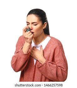 Young Woman Having Asthma Attack On White Background