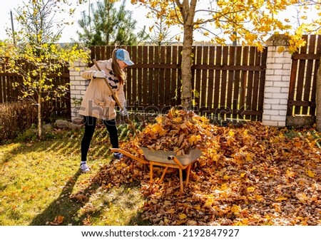 Young Woman having fun throwing while cleaning fallen maple autumn leaves in the garden.