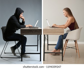 Young woman having online date with fake boyfriend. Concept of internet fraud