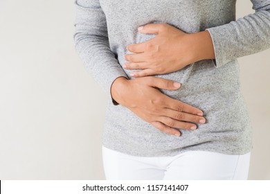 Young Woman Having Painful Stomachache. Chronic Gastritis. Abdomen Bloating Concept.