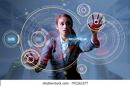 Young Woman And Head Up Display. HUD. GUI. Internet Of Things(IoT).