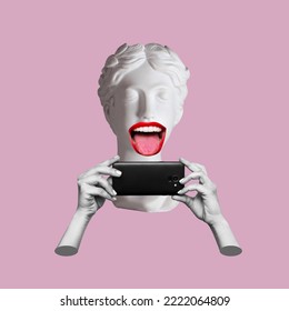 Young woman headed by antique statue with mouth with red lips showing tongue holds mobile phone isolated on a pink background. 3d trendy collage in magazine style. Contemporary art. Modern design - Powered by Shutterstock