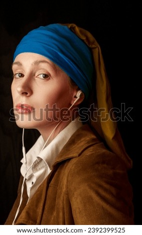 young woman with headphones looks like a girl with a pearl earring cosplay modern interpretation