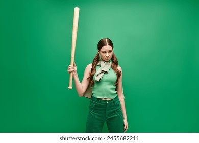 A young woman in her 20s confidently holds a baseball bat against a vibrant green background. - Powered by Shutterstock