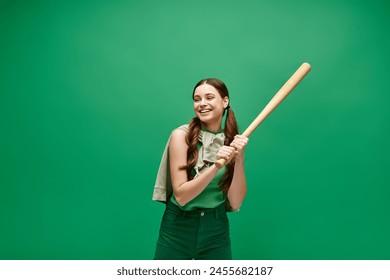 A young woman in her 20s holds a baseball bat confidently against a vibrant green background, exuding strength and determination. - Powered by Shutterstock