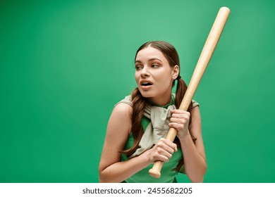 A young woman in her 20s holds a baseball bat confidently in front of a vibrant green background. - Powered by Shutterstock