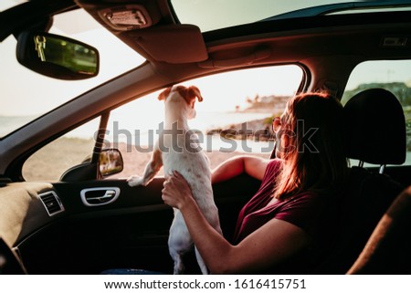young woman and her cute jack russell dog in a car at sunset. travel concept