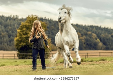 A young woman and her icelandic horse working and cuddle together, equestrian natural horsemanship concept - Powered by Shutterstock