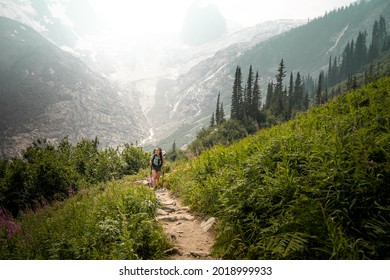Young woman hiker with a camping backpack hiking upwards on the trails in the lush green rocky mountains of the Bugaboo Provincial Park, British Columbia on a hazy summer day