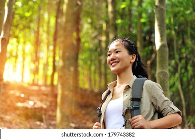 Young Woman Hiker In Mountain Forest