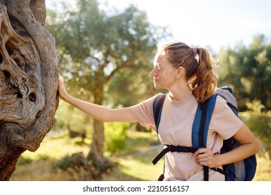 Young Woman Hiking In Countryside. Concepts Of Adventure, Extreme Survival, Orienteering. Single Travel. Backpacking Hike Forest Protection And Restoration In Europe.