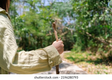 Young Woman Hiking On A Mountain Plateau With A Backpack And Poles In A Healthy Lifestyle And Fitness Concept.