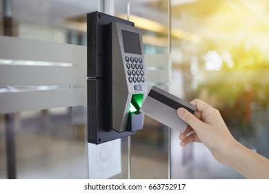 Young Woman Hold Keycard To Access Door Office