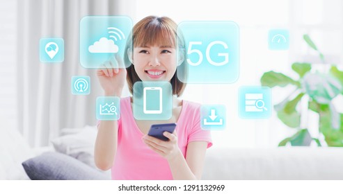 Young Woman Hold Smart Phone And Touch Cloud Computing Icon With 5G Technology Virtual Screen Interface