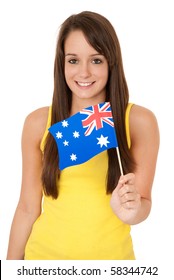 Young Woman Holding Australian Flag Isolated On White