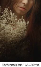 Young Woman Is Holding Bouquet Of Dried Flowers, Historical, Ethereal, Novel Book Cover