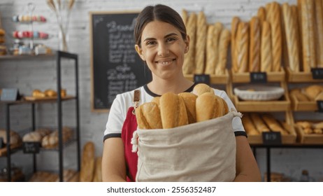 Young woman holding bread in a bakery shop's interior, showcasing a variety of freshly baked goods with a happy smile. - Powered by Shutterstock