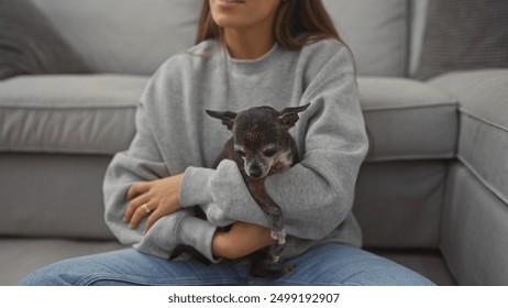 A young woman holding a chihuahua in a cozy living room, expressing care and companionship. - Powered by Shutterstock