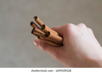 Young Woman Holding Cinnamon Sticks In Her Hand