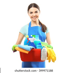 Young Woman Holding Cleaning Tools And Products In Tub, Isolated On White