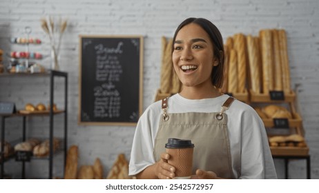 Young woman holding coffee in a bakery shop with a cheerful smile, surrounded by bread and pastries on display. - Powered by Shutterstock