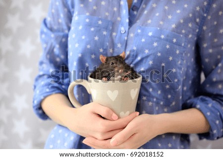 Young woman holding cup with cute rat, closeup