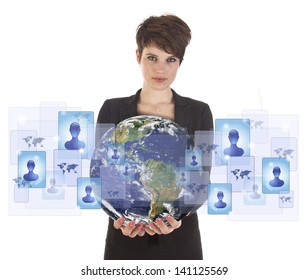 Young woman holding earth with social media symbols isolated on white. Elements of this image are furnished by NASA