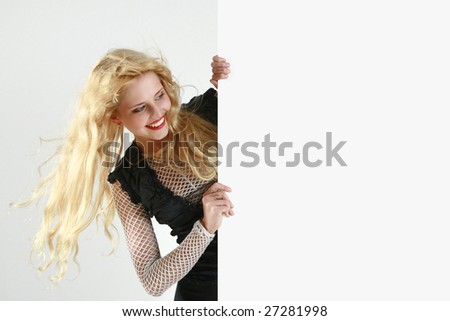 Similar – Happy blonde woman posing near a huge flower