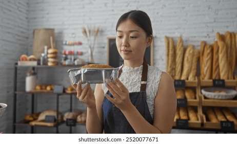 Young woman holding fresh bread in a bakery with assorted pastries and bread loaves in the background, creating a warm and inviting atmosphere - Powered by Shutterstock