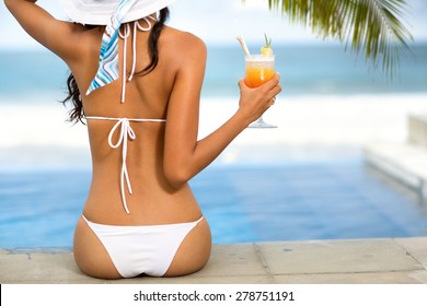 
Young Woman Holding Fresh Cold Drink At  Tropical Beach