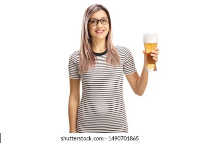 Young Woman Holding A Glass Of Beer Isolated On White Background