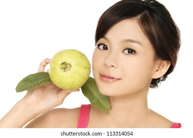 Young Woman Holding Guava Fruit Close Up,