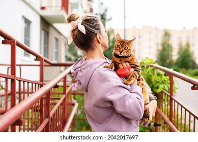 Young Woman Holding And Loving Her Bengal Cat Outside. Walk With Pet, Concept Of Pet Care, Cat On Harness, Daily Walking, Jogging, Training And Any Outdoor Recreations With Lovely Pet. 