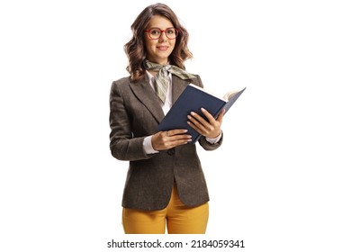 Young Woman Holding An Open Book And Looking At Camera Isolated On White Background



