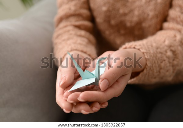 Young Woman Holding Origami Bird Closeup Stock Photo Edit