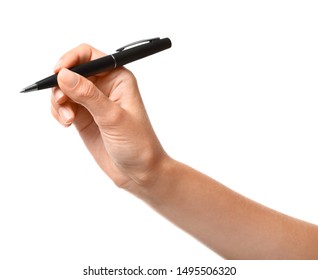 Young Woman Holding Pen On White Background, Closeup