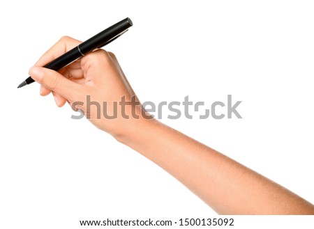Young woman holding pen on white background, closeup