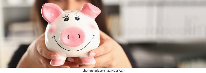 Young Woman Holding Piggy Bank In Hands Pink Pig Piggy Bank