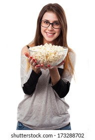 Young Woman Holding A Popcorn Bowl Isolated