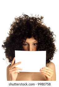 Young Woman Holding A Sign. Portrait Of Beautiful Woman Reading Blank Board. Woman Looking Down At Sign