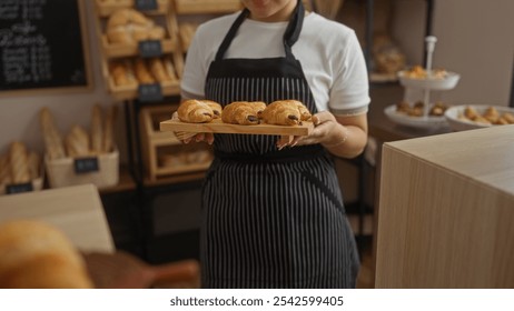 Young woman holding tray of pastries in bakery shop interior with bread on shelves and counter - Powered by Shutterstock