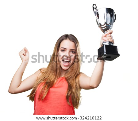 young woman holding a trophy on a white background