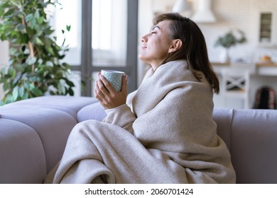 Joven en casa en el sofá en invierno se envolvió en una cálida y acogedora manta, sosteniendo café de cacao caliente