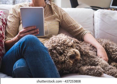 Young woman at home with a tablet and a dog