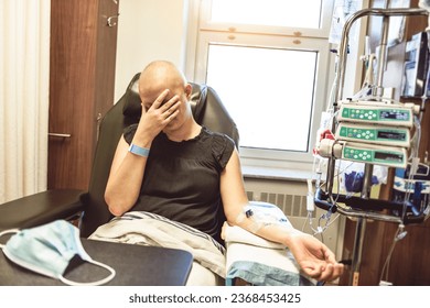 A Young woman in hospital bed suffering from breast cancer receiving treatment feel sad - Powered by Shutterstock