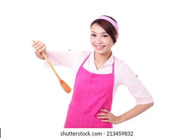 Young Woman Housewife Mother Wearing Kitchen Apron Cooking, Isolated On White Background, Asian