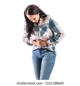 Young Woman With IBS - Irritable Bowel Syndrome Holding Her Sore Belly. Isolated On White.