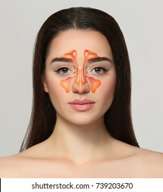 Young woman with illustration of paranasal sinus on grey background. Asthma concept
