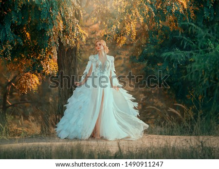 Young woman in incredibly dress with feathers. Creative cloak embroidered with stones, silver and down. White dress with a corset and a long skirt with tulle fluttering in the wind. Art photography